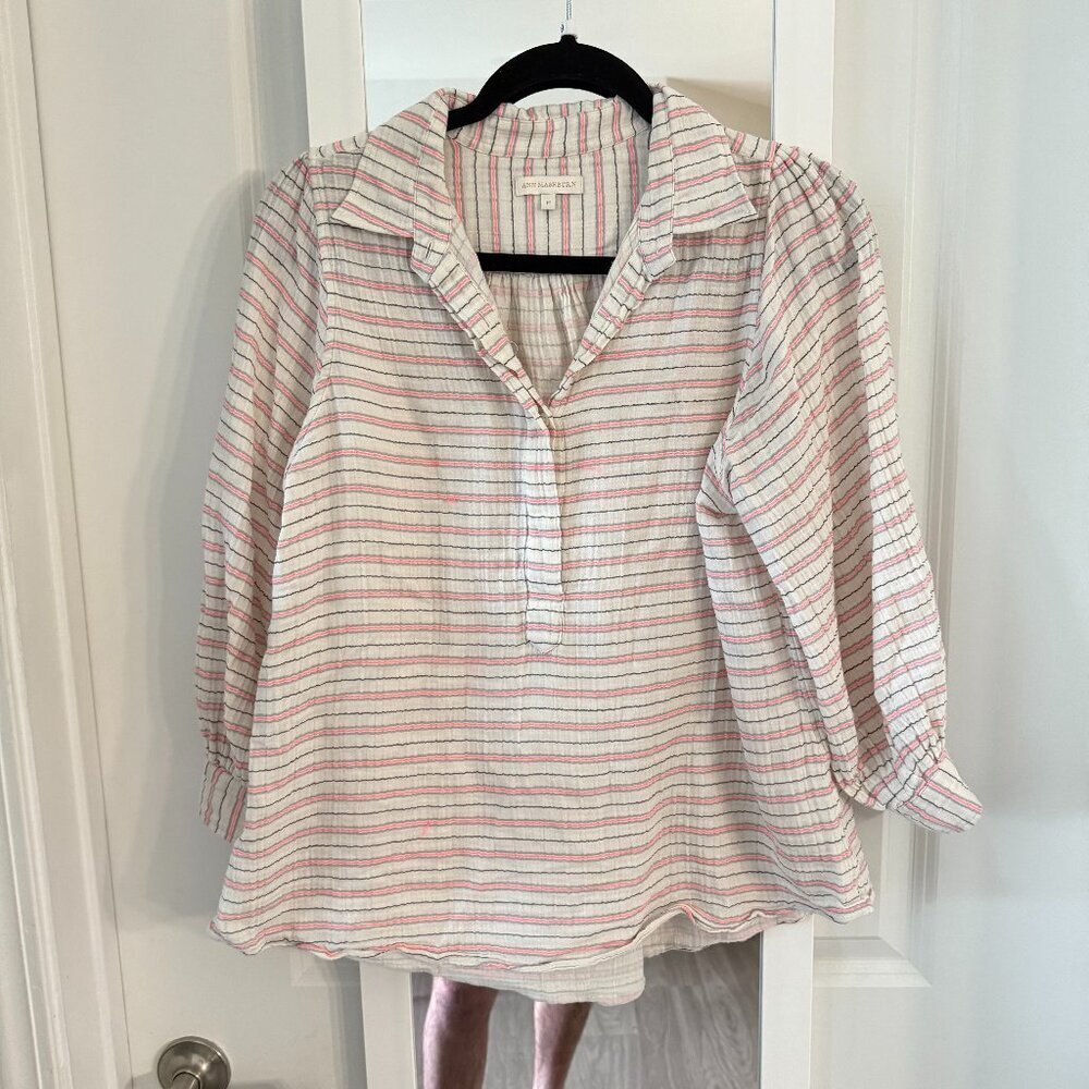 Ann Mashburn Striped Cotton Gauze Popover Blouse – Size M
